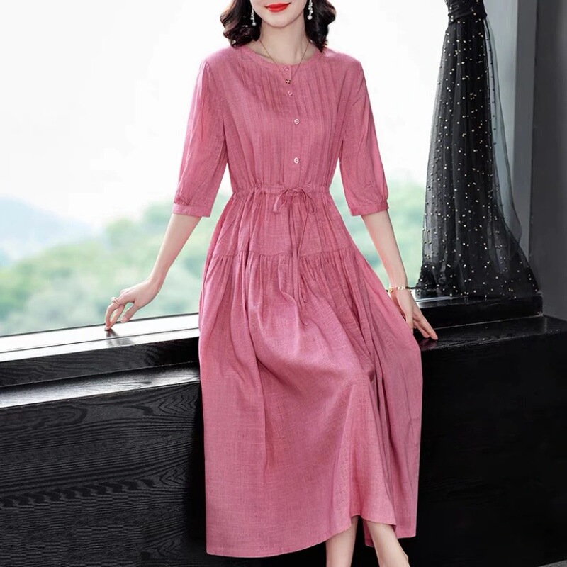 Spring and Summer Women's Clothing 2026 New Style Mid-Length Dress with Waist-Cinching Design, High-End Cotton, Linen, Ramie, and Flax Dress for Women