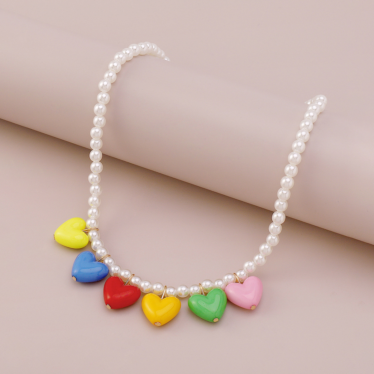 simple Rainbow Heart Pendant Pearl Necklace