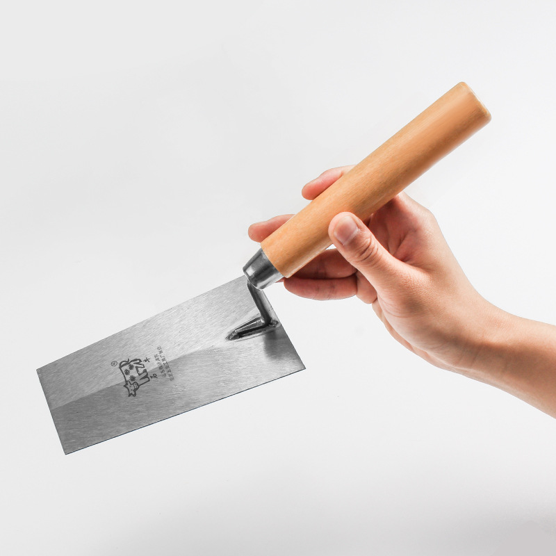 Tile shovel with wooden handle, trapezoidal shovel, construction site plasterboard, large shovel for wall bricklaying, large shovel for bricklaying tool, bricklaying knife