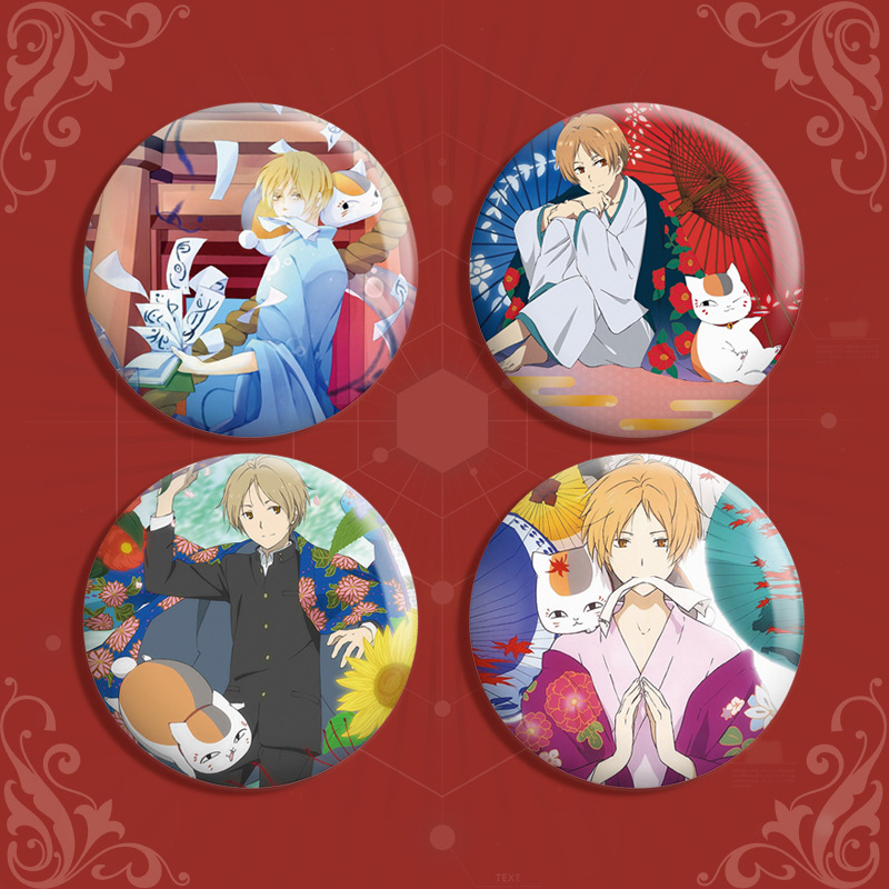 Natsume's Book of Friends Badge: Cat Teacher Takashi, 58mm Tinplate Laser Pinback Button – Reiko & Tanuki