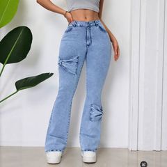 Xスポット-65959 # ヨーロッパとアメリカのクロスボーダーAmazon貿易新しい女性の洗浄ハイウエストブーツカットデニムパンツ