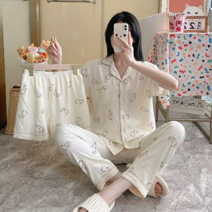 Venta al por mayor transfronteriza 120g pijamas de algodón de nube de verano de manga corta para mujer pantalones cortos de algodón de nube de verano de tres piezas servicio a domicilio de dibujos animados