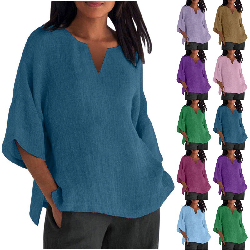 Весна-Лето-Осень Новая Однотонная футболка с семью рукавами из хлопка и льна с V-образным вырезом Топ Рубашка с короткими рукавами Сплит Свободная женская одежда больших размеров