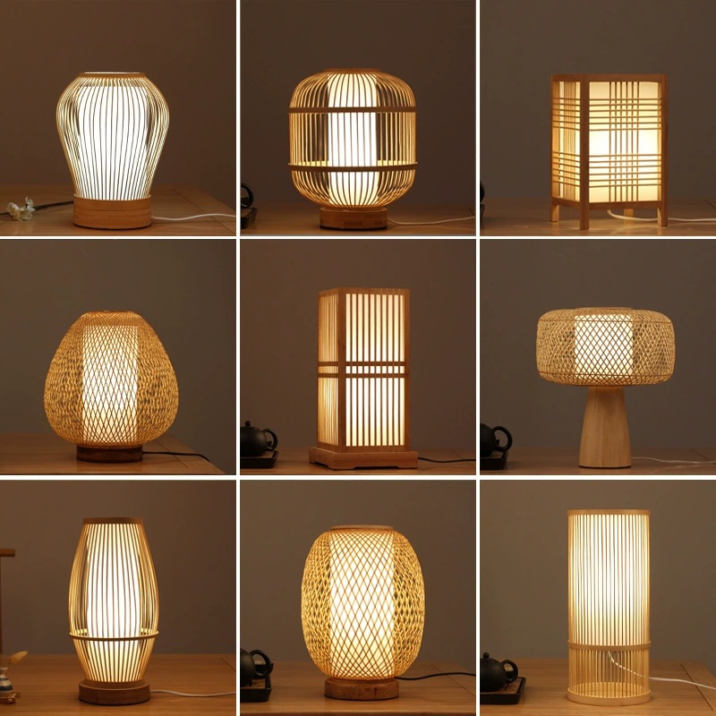 Lámpara de escritorio de madera de bambú japonesa simple lámpara de cabezal de cama de dormitorio y decoración de sala de té Tatami tranquila lámpara de noche