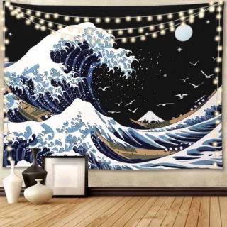 夜晚星空海洋巨浪图案挂毯个性挂毯客厅挂墙背景装饰卧室家居挂毯