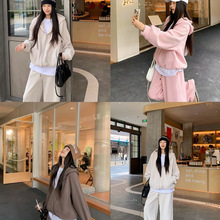 新款套装慵懒风双面穿加绒连帽卫衣女秋季高腰休闲阔腿长裤两件套