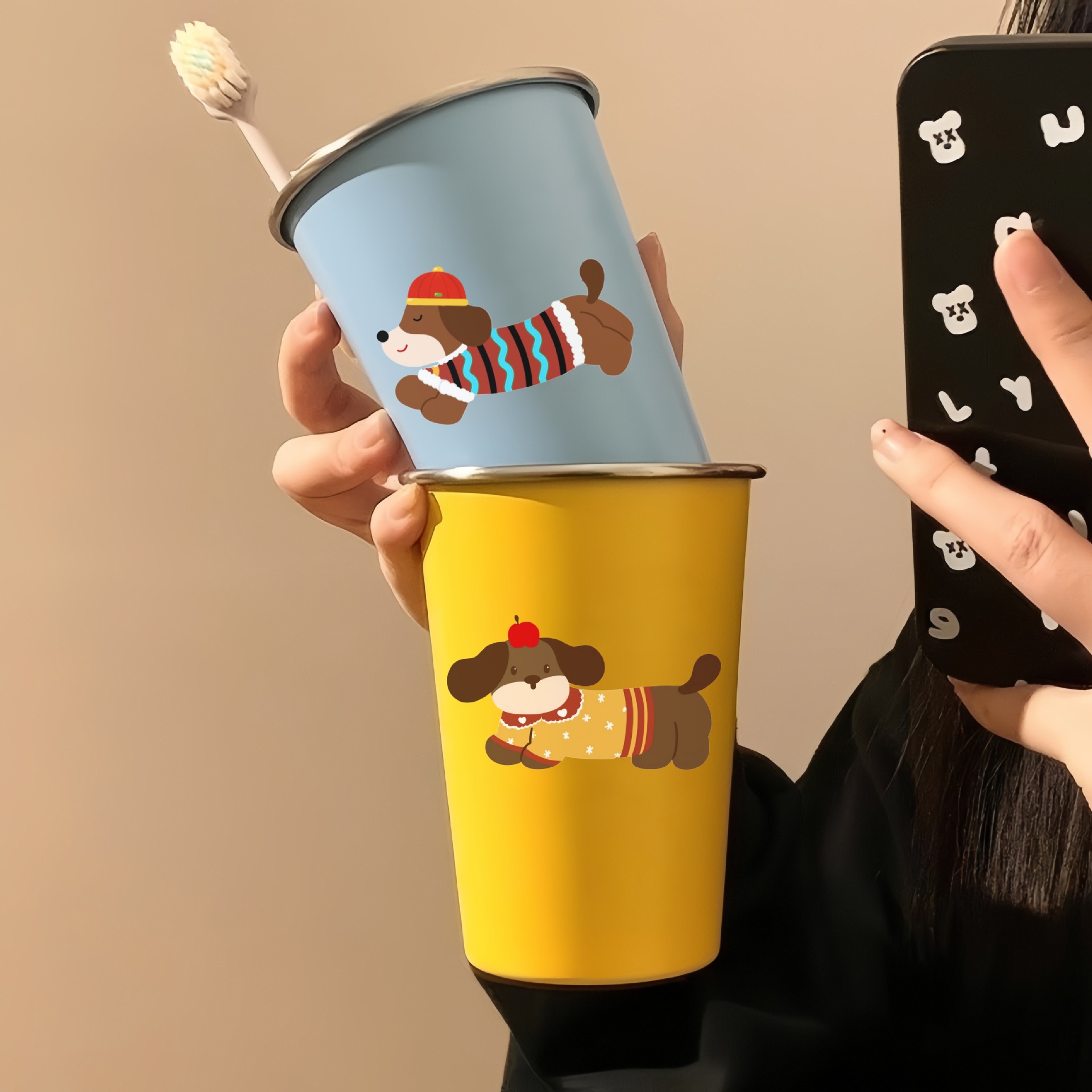 Nuevo lindo taza de enjuague de perro salchicha casero taza de cepillo de dientes taza de lavado taza de viaje de pareja de estudiantes taza de acero inoxidable