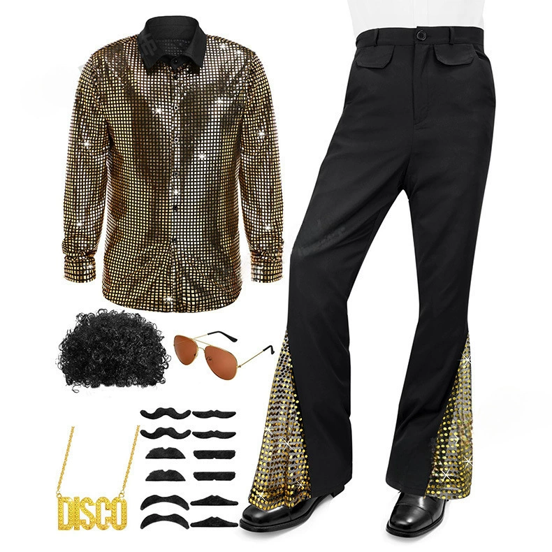 Дискотечная мужская одежда для выступлений 2025: мужская рубашка с длинным рукавом, брюки, ретро-костюм для сцены и косплея.