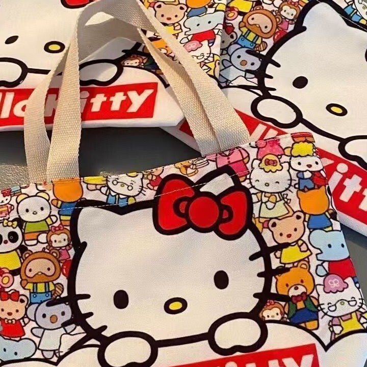 Canvas Bag Kitty Kate Large Capacity Cartoon Shopping Bag Single Shoulder Canvas Bag Student Open Tote Bag