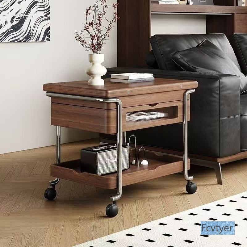 Medieval Style Solid Wood Trolley Living Room Small Apartment Household Mobile Folding Retro Wheeled Liftable Coffee Table Side Table