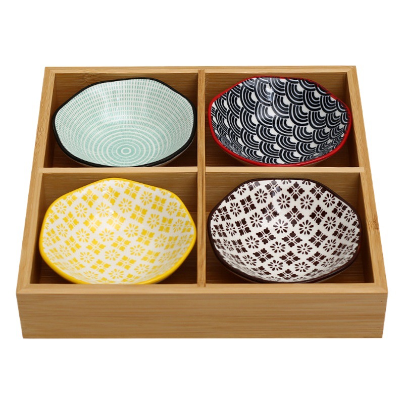 Nordic-style Bamboo-wood Jiugongge Hot Pot Barbecue Tray Combinations Ceramic Dip Dishes Tray Snacks Platter