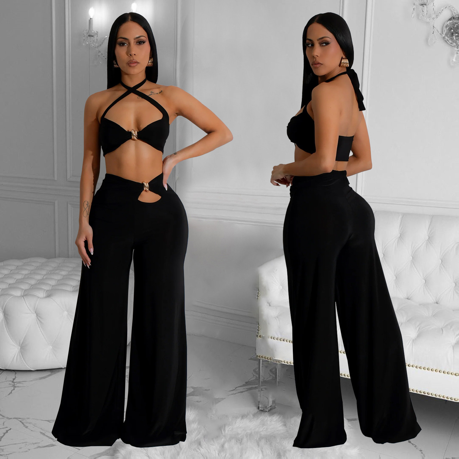 C7236 Aliexpress transfronterizo Amazon Europa y América ropa de moda de mujer de color sólido sexy pantalones de pecho de dos piezas nuevos
