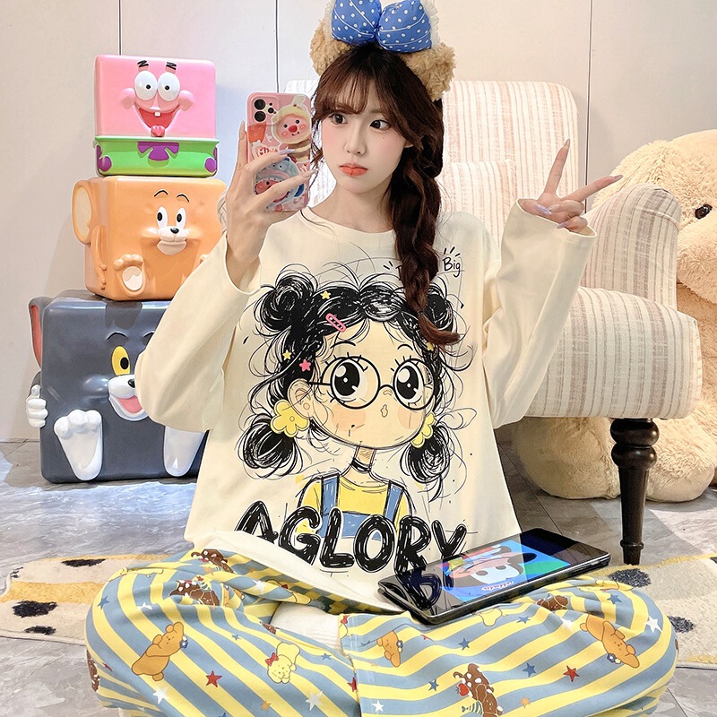 Girls' pajamas, women's spring and autumn collection, pure cotton long-sleeved long pants, plus-size, 2026 new autumn/winter women's loungewear Girls' pajamas, women's spring and autumn collection, pure cotton long-sleeved long pants, plus-size, 2026 new autumn/winter women's loungewear