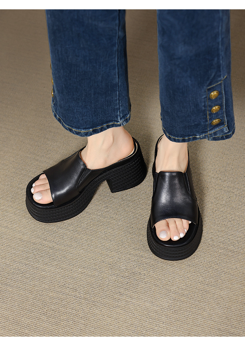 Sandal cao gót nữ quai ngang mũi hở đế platform gót vuông 9 cm — màu đen, màu mơ chi tiết 5