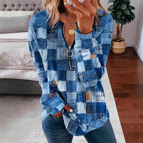 2025 European and American Spring and Summer Amazon TEMU New Women's Knitted Fabric Print Zipper Casual T-shirt Short-sleeved Women