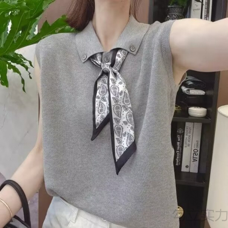 新款韩版百搭修身显瘦Polo领T恤女时尚翻领丝巾针织无袖背心上衣|undefined