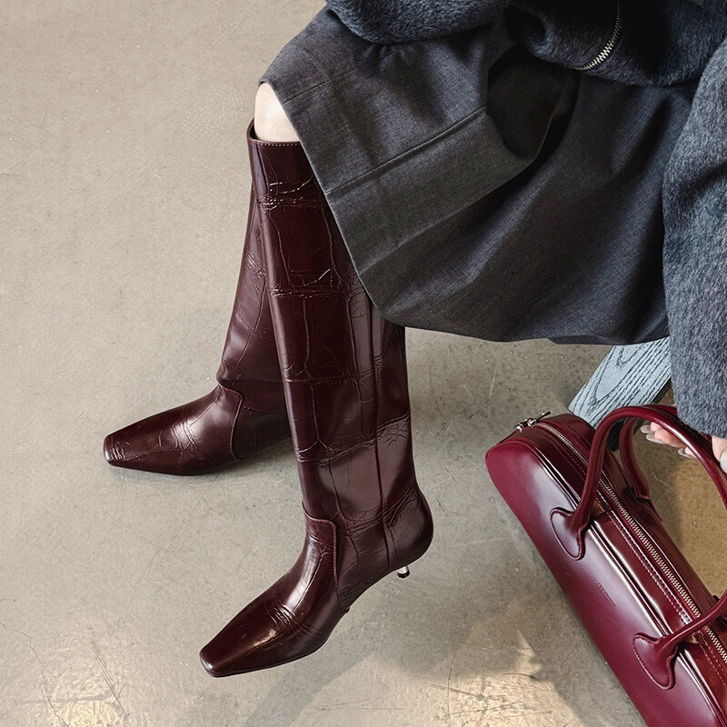 European and American Fashion Burgundy Square-Toe Stiletto Knee-High Boots with Large Shaft and Small Heel High Knee-High Riding Boots for Women