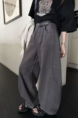小个子美式复古灰色宽松显瘦高腰阔腿裤休闲裤香蕉牛仔裤女长裤潮