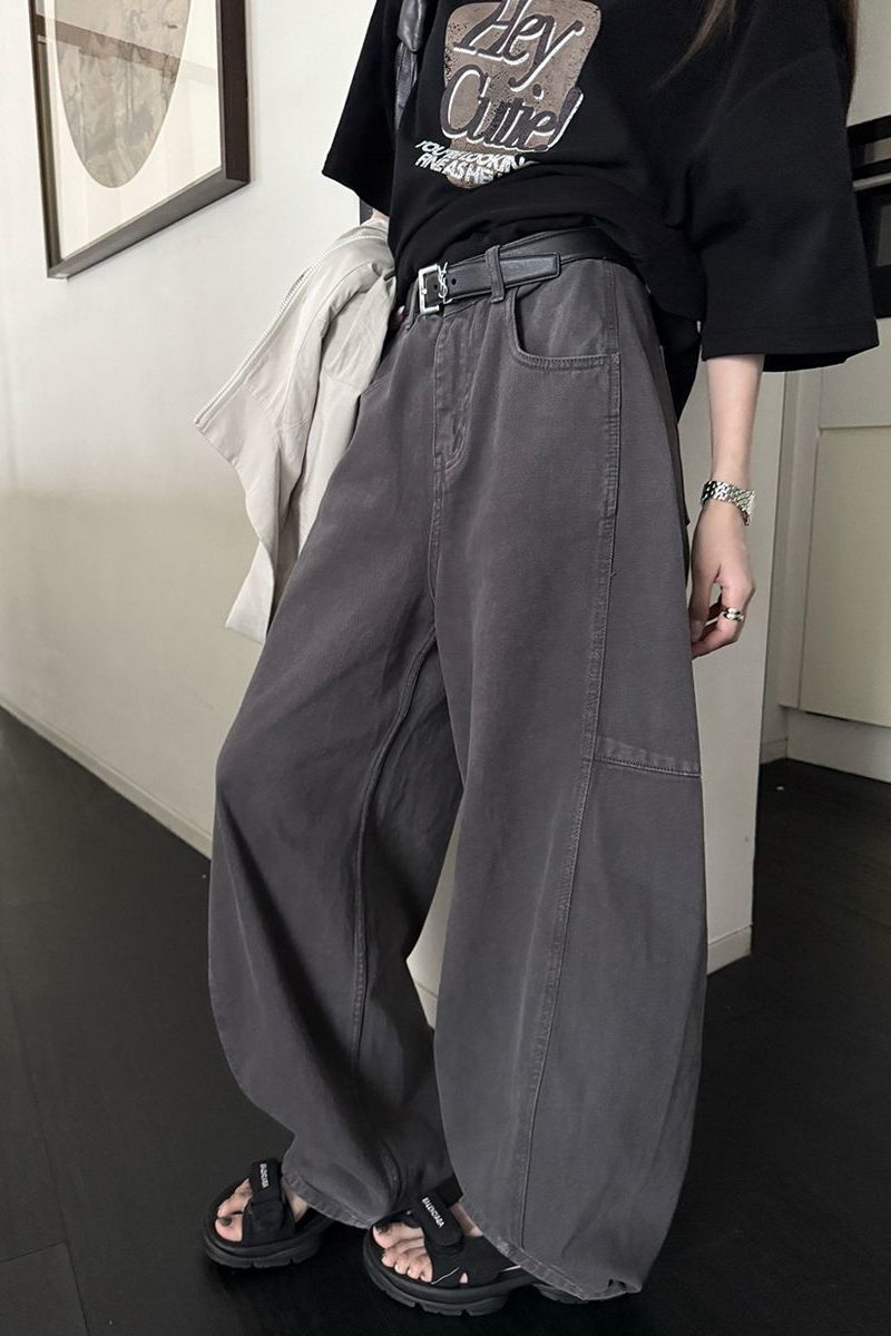 Petite American Retro Gray Loose Slimming High-Waisted Wide-Leg Casual Banana Jeans Women's Long Pants Trendy