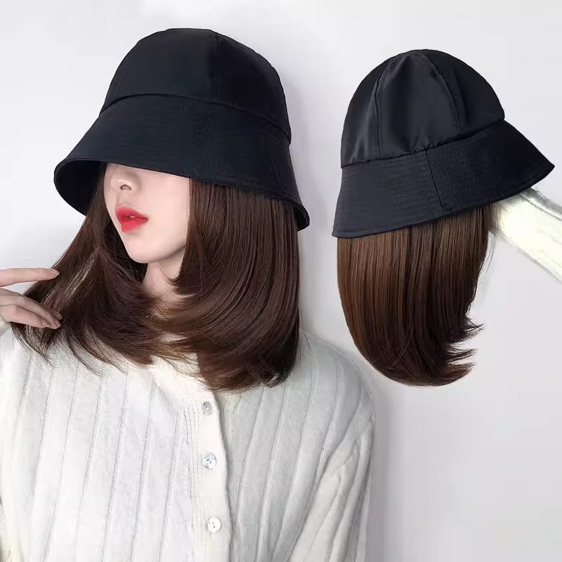Sombrero de peluca japonés integrado primavera femenina y verano Internet celebridad cubo sombrero de pescador pelo de longitud media hebilla interior cubierta de la cabeza llena clavícula pelo liso