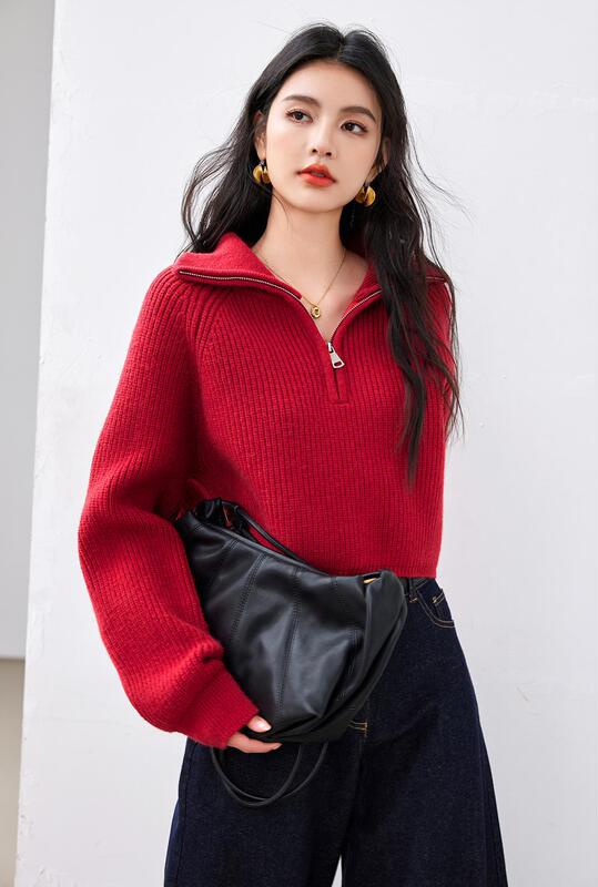 Real Shot of 2026 Design-Inspired Half-High Collar Zip-Up Red Knit Sweater for Women, Short Style, Autumn and Winter Thickened Sweater Real Shot of 2026 Design-Inspired Half-High Collar Zip-Up Red Knit Sweater for Women, Short Style, Autumn and Winter Thickened Sweater