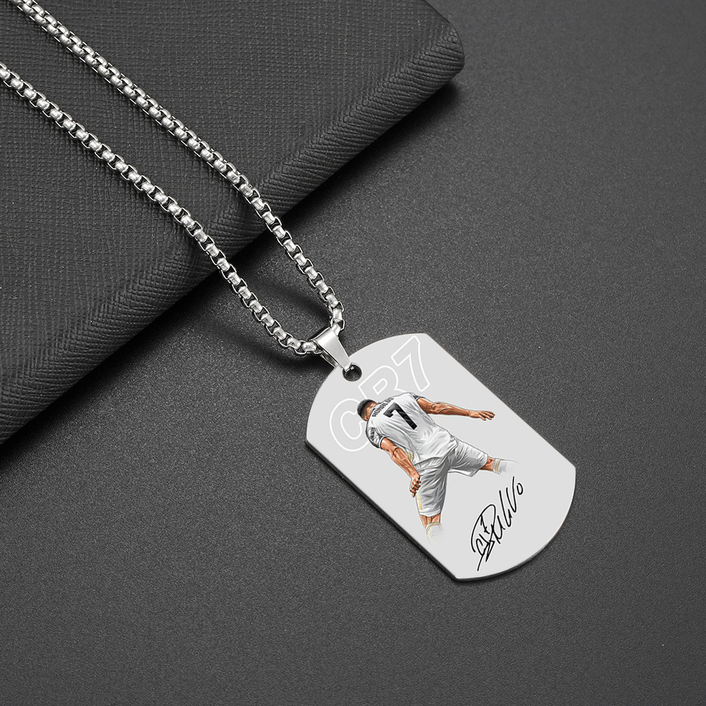 Venta caliente transfronteriza europea y americana, accesorios de acero inoxidable, deportes competitivos, estrella del fútbol, collar militar impreso en color Ronaldo R7