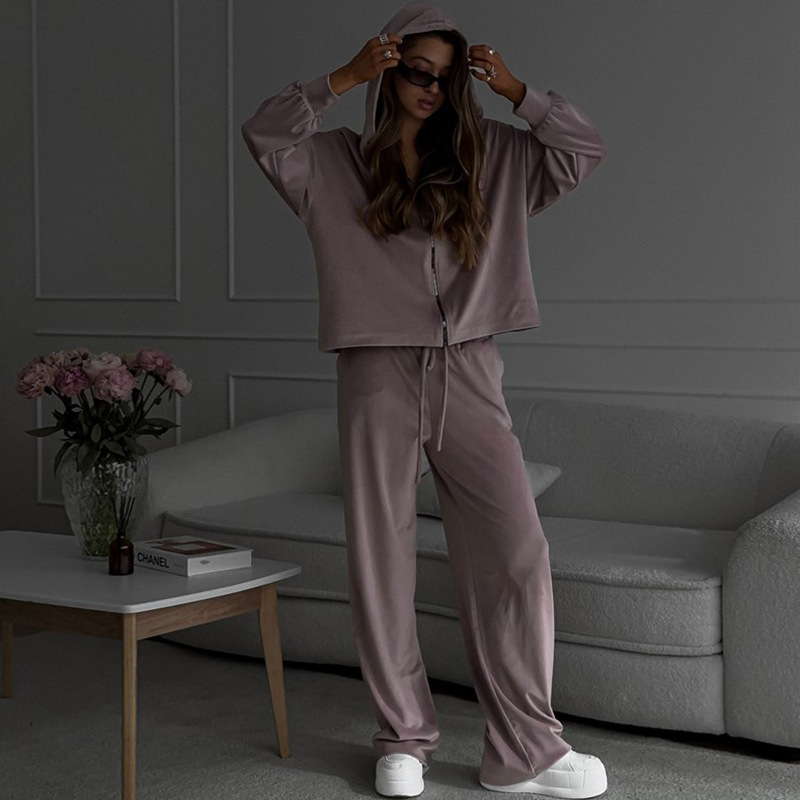 2025 European And American Foreign Trade Casual Autumn Women's Solid Color Sleeve Cardigan Hooded Top Sports Long Pants_ecoleips.com
