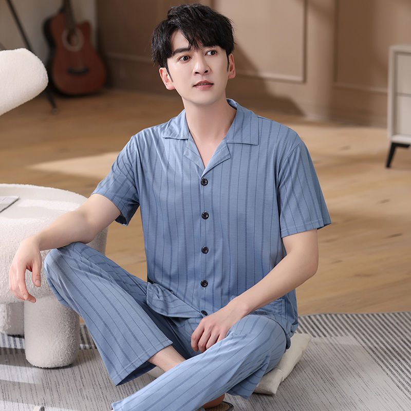 Pijamas de verano de algodón, pantalones largos de manga corta delgados y sueltos más grandes para padres de mediana edad, set de ropa de casa