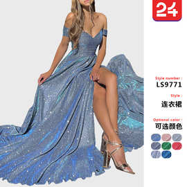 2025亚马逊欧美宴会礼服裙 ins亮片大裙摆抹胸性感时尚开叉连衣裙