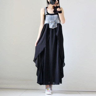 Japanese Summer Denim Patchwork Printed plus size Strap dress