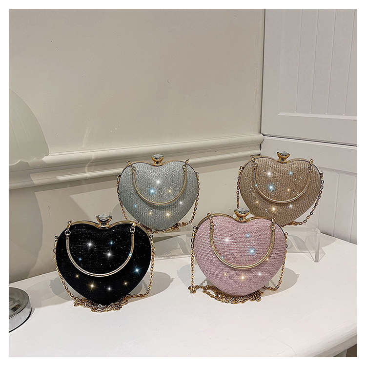 Borsa a tracolla diagonale in metallo con intarsi di diamanti a forma di cuore di pesca, da sera, da donna, nuova_voghion.com