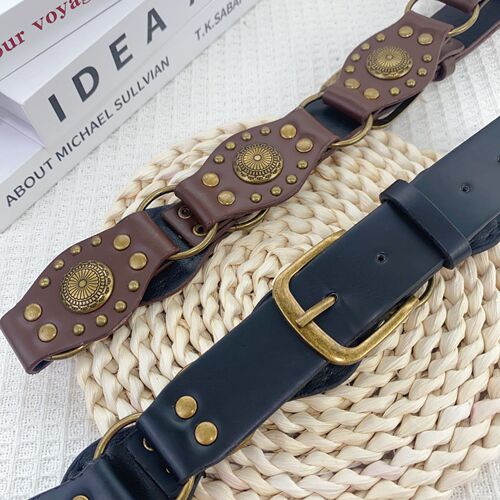 American retro belt for women, new rivet brown belt with jeans, Korean style versatile waist chain trend