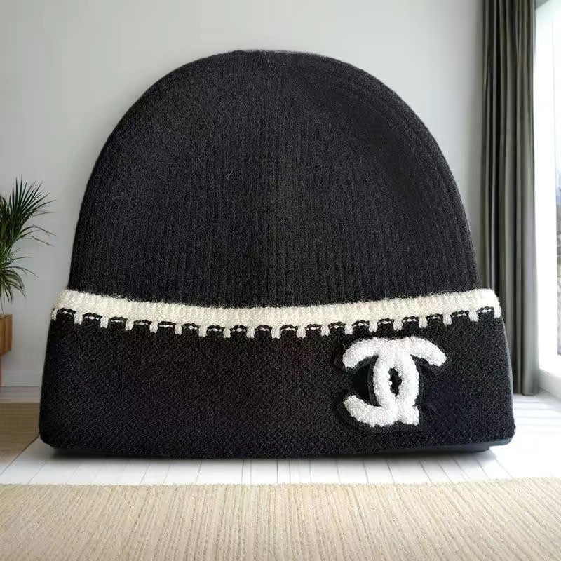 Chanel Logo Beanie Black White