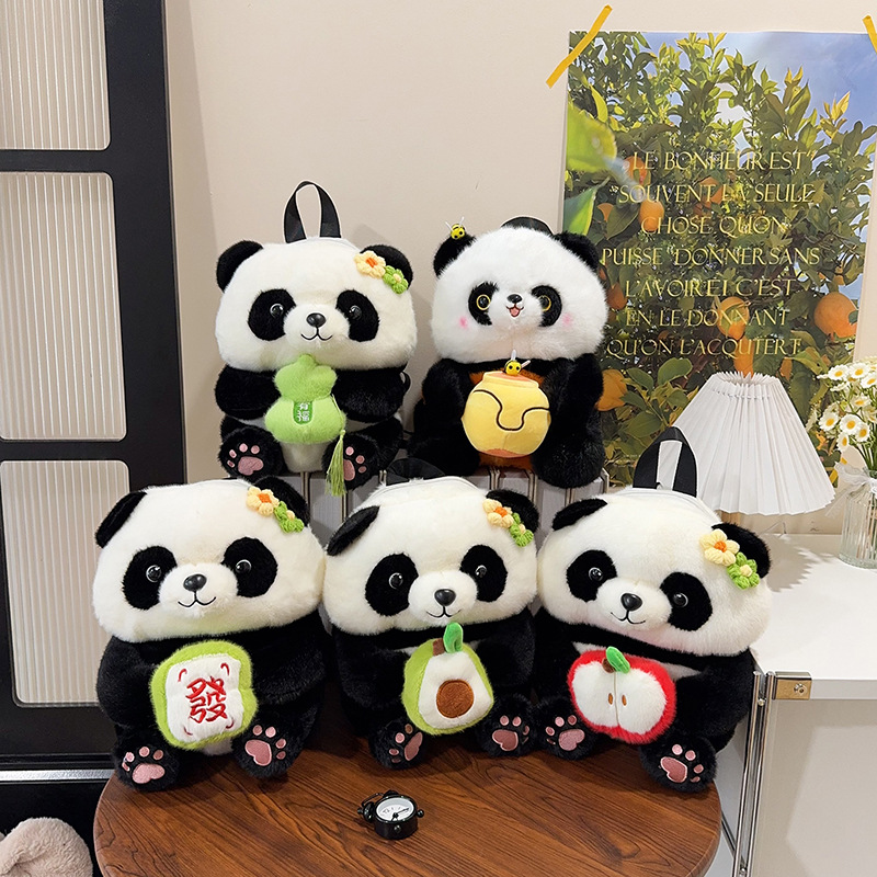 Cute Panda Flower Backpack for Girls, Cartoon Bee Avocado Panda Parent-Child Bag, Plush Toy Children's Backpack