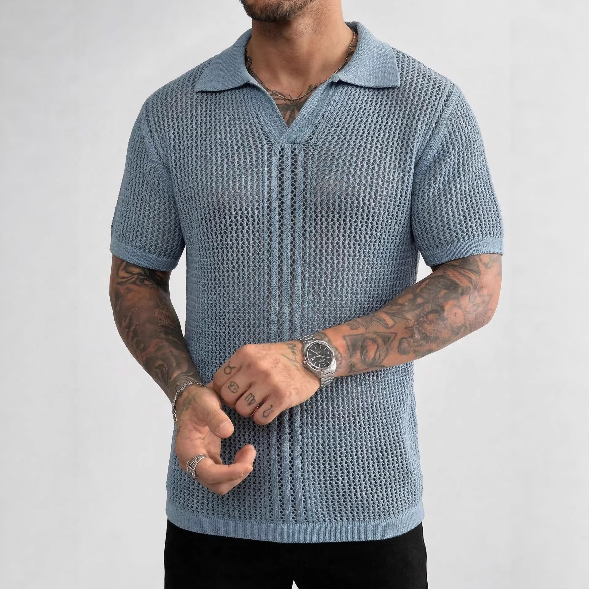 Hellblaues Strick-poloshirt Für Herren Mit Luftigem Netzmuster_voghion.com