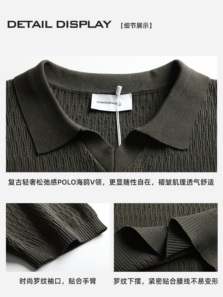 Europa y Estados Unidos transfronterizos de punto de cuello en V polo camisa de hombre de manga corta Paul textura oscura camisa de cuello de hielo ropa de hombre image 4