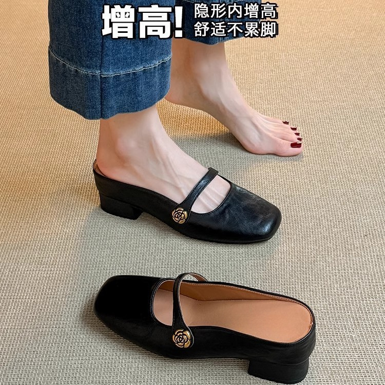 여름용 여성용 내부 높이 증가 복고풍 원라인 버클 토캡 하프 슬리퍼 아우터용 새 소프트 가죽 슬립온 뮬 샌들