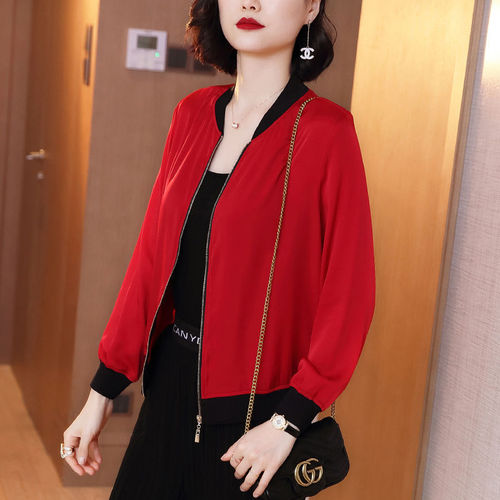 3045# Women's Spring and Summer New Arrival Korean Style Loose Jacket Long Sleeve Chiffon Sun Protection Coat Red