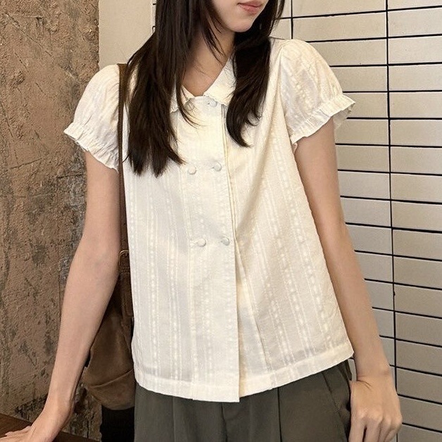 French-Style Double-Breasted Lace Sweet Doll Collar Short-Sleeve Shirt for Women, New Summer Slim-Fit Blouse Top French-Style Double-Breasted Lace Sweet Doll Collar Short-Sleeve Shirt for Women, New Summer Slim-Fit Blouse Top