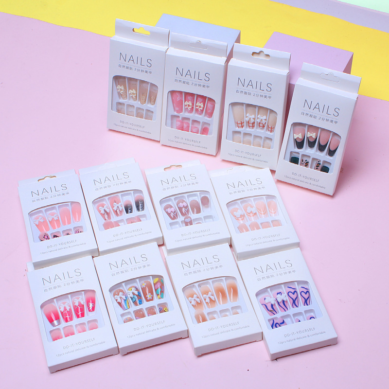 Bowknot Nail Art Stickers, Fake Nails, Nail Stickers with Glue, Removable Nail Decals for Students and Adults