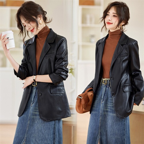 Haining Leather Jacket for Women, Single-Breasted Two-Button Spring New Korean Style Slim-Fit Sheepskin Blazer