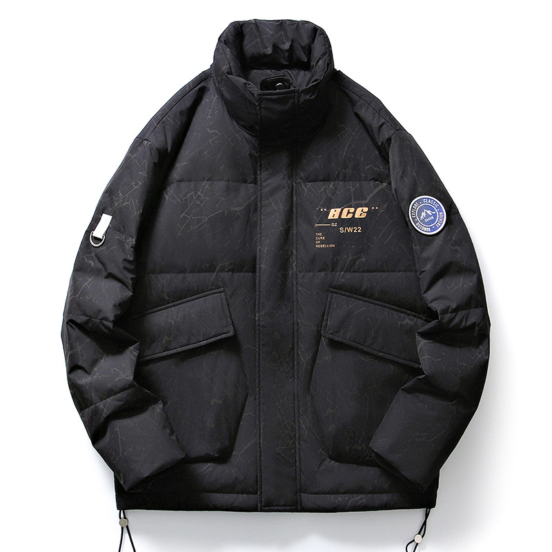 Chaqueta de plumón de cuello vertical de línea rica para hombres de invierno nueva pareja de ropa de pareja para estudiantes gruesa calentamiento 90 chaqueta de chaqueta de arroz blanco de moda