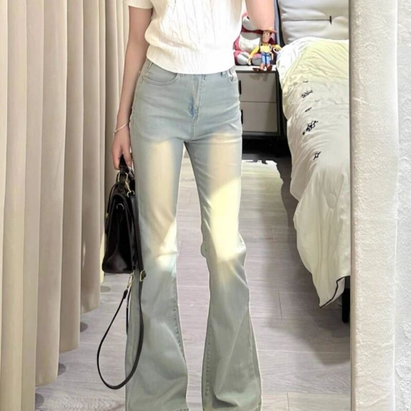 水洗美式做旧微喇叭牛仔裤女2025秋冬新款高腰显瘦弹力辣妹马蹄裤|undefined