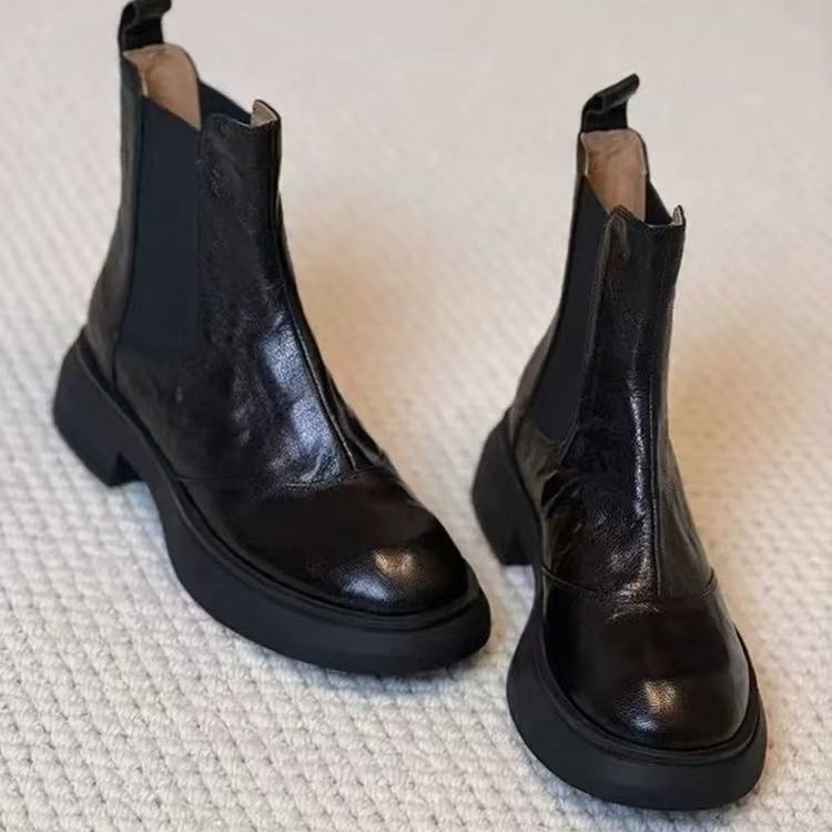 British Style Women's Round Toe Thick Soled Short Ankle Boots_voghion.com