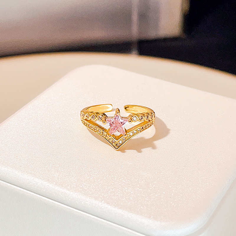 Fashion Star Heart Shape Copper Inlay Artificial Diamond Open Ring 1 Piece