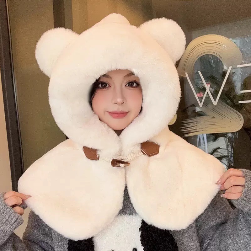 两件套帽子女秋冬韩版百搭连帽披肩冬季加厚保暖护耳毛绒围脖坎肩|undefined