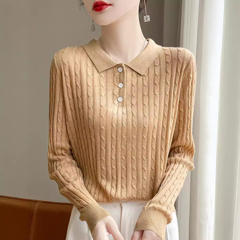 POLO collar pullover twist sweater women's 2024 autumn and winter new worsted wool base shirt Korean sweater top