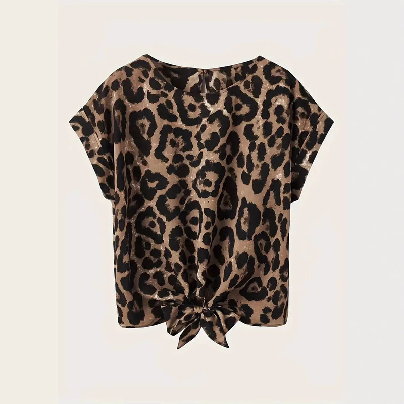 Cross-border explosions European and American women's casual round neck leopard print lace-up front short sleeve shirt Amazon independent station