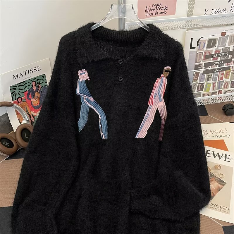 폴로 칼라 스웨터 남성 가을, 겨울 스웨터 아메리칸 스타일 INS 트렌드 느슨한 게으른 스타일 커플 디자인 탑