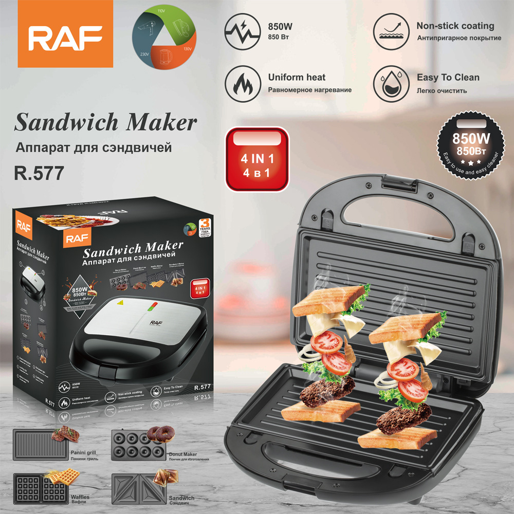RAF Europe transfronterizo cuatro en uno máquina de donas para el desayuno doméstico máquina de alimentación ligera de bandeja para hornear eléctrica de doble cara con calefacción automática